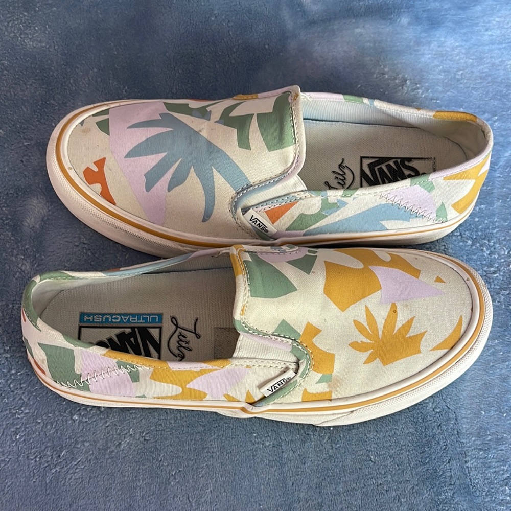 Multi color pastel Vans slip on, ultra cush